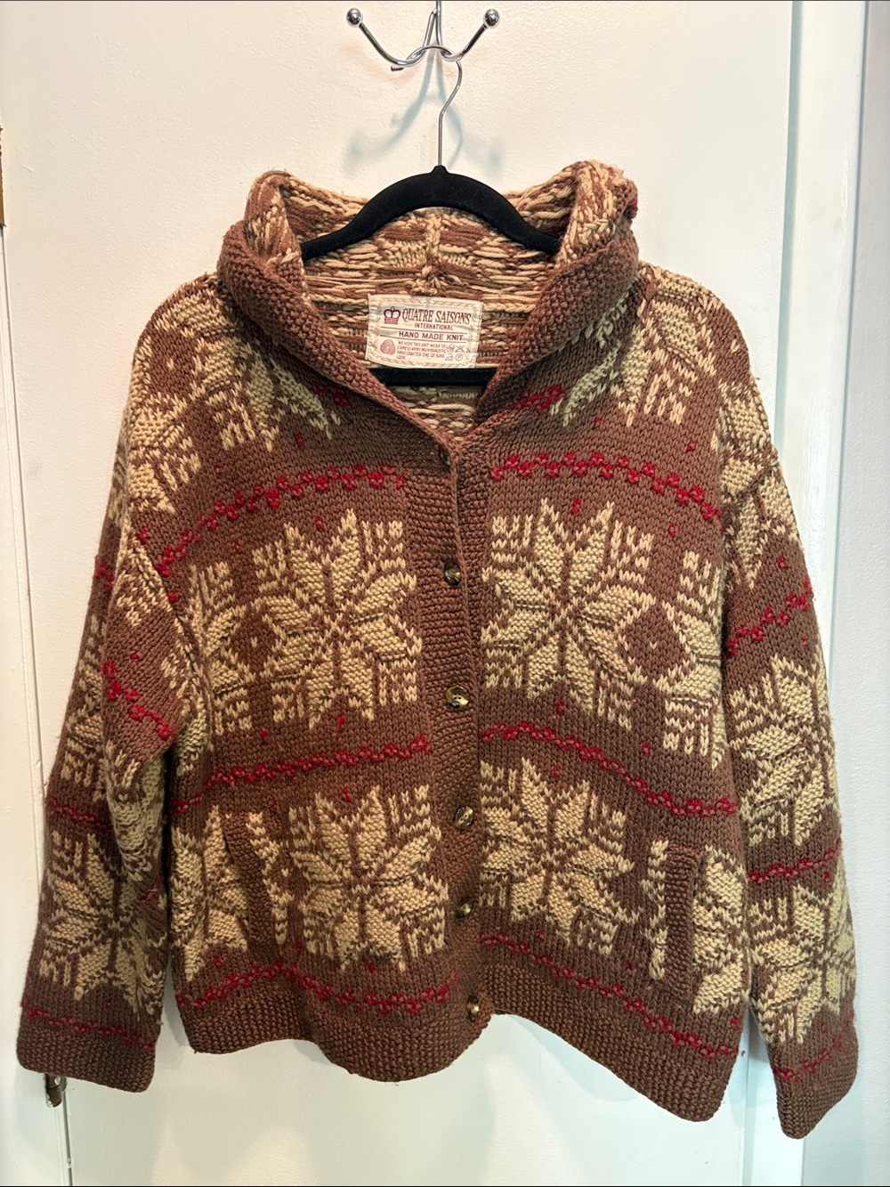 Hand-Knit Brown & Cream Snowflake Hooded Sweater Cardigan